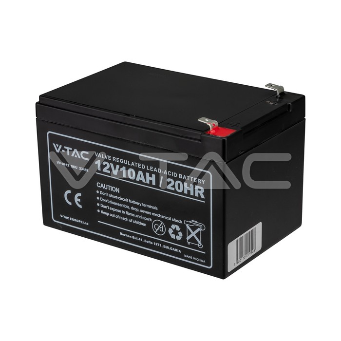 V-TAC VT-10-12 12V 10Ah Blei-Säure-Batterie mit T2-Flachsteckanschluss — Vorderansicht