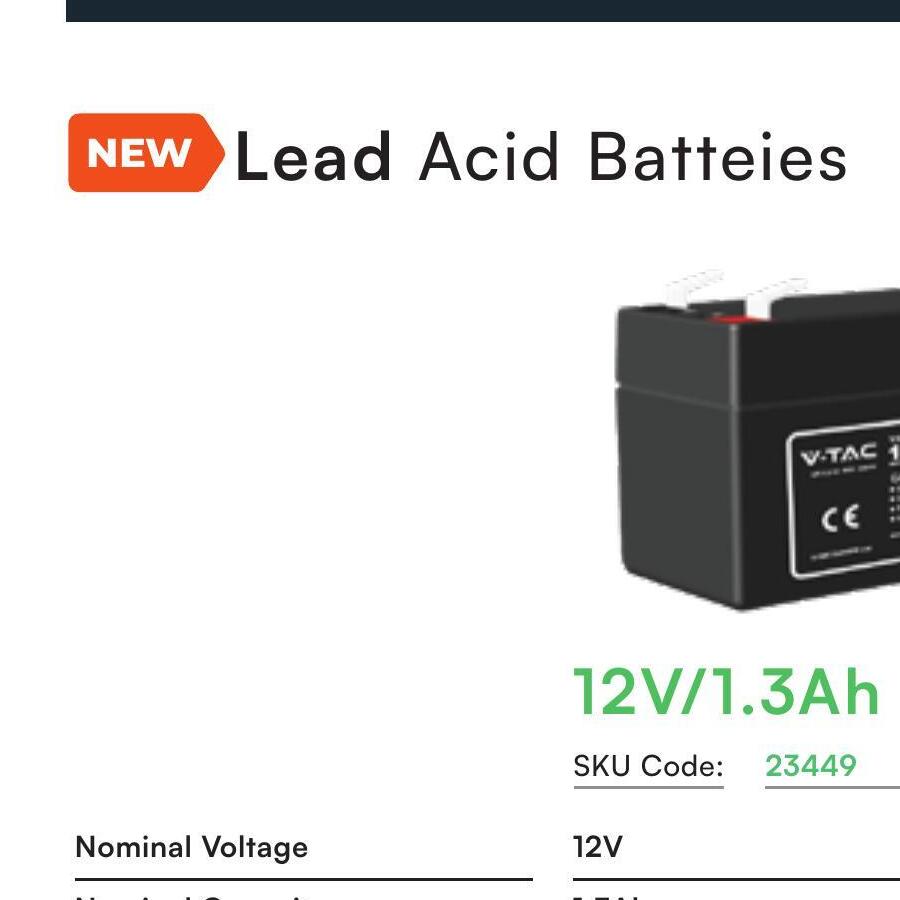 V-TAC VT-1.2-12 12V 1,3Ah Blei-Säure-Batterie — Katalogauszug mit technischen Daten