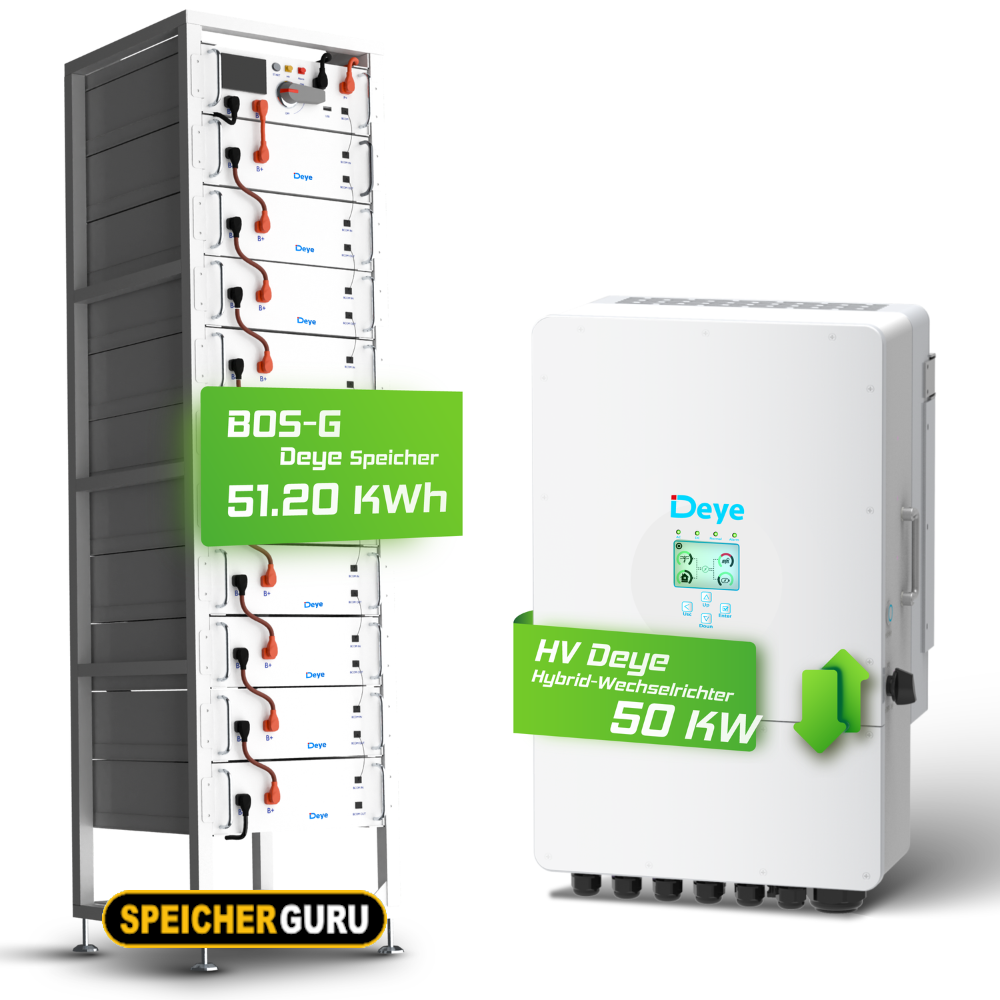 Deye Komplettset 50 kW Hochvolt Hybridwechselrichter (SUN-50K-SG01HP3-EU-BM4) & 51,20 kWh Hochvolt Batteriespeicher Deye BOS-G