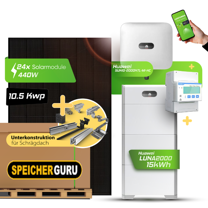 10,56 kWp JA Solar 440W Fullblack & 10 kW Huawei SUN2000-10KTL-M1-HC Wechselrichter mit 15kWh Huawei LUNA2000 Batteriespeicher