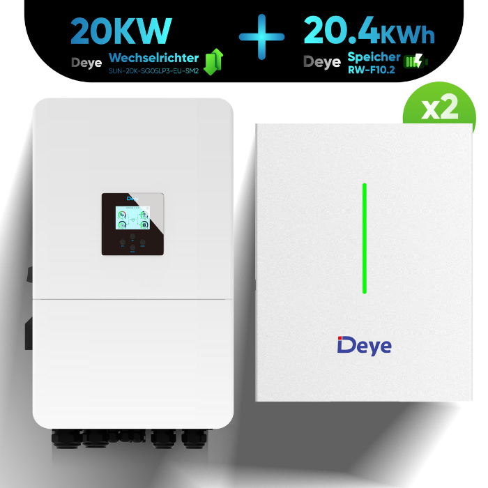 Deye Komplettset 20 kW Hybridwechselrichter SUN-20K-SG05LP3-EU-SM2 & 20,4 kWh Batteriespeicher Deye RW-F10.2 LFP