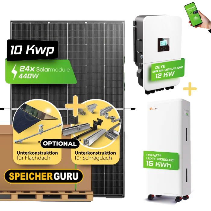 10 kW Deye Solaranlage mit 15kWh Speicher Felicity| Doppelglas & Fullblack | Deye SUN 12K-SG04LP3-EU | Felicity
