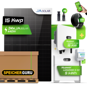 Huawei Photovoltaikanlage 15 kW Komplettset – 34x JA Solar 440W Fullblack & SUN2000-15K-MB0 mit Huawei LUNA2000-5-S0 Speicher