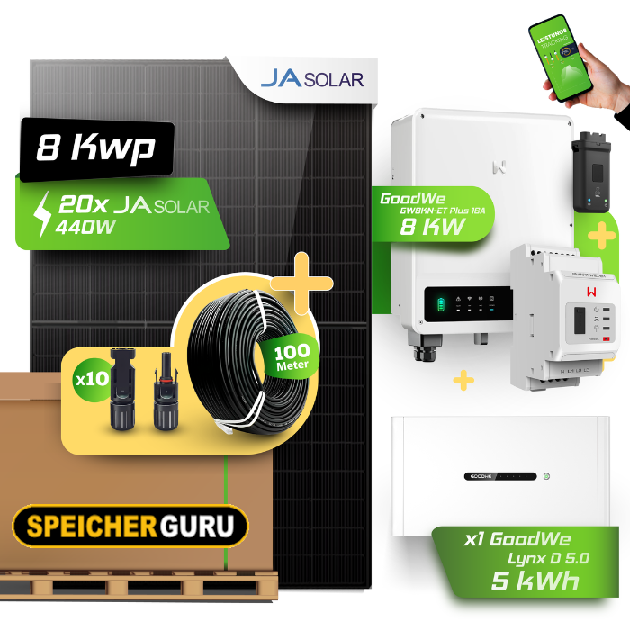 GoodWe Photovoltaikanlage 8,8 kW Komplettset – 20x JA Solar 440W Fullblack & GoodWe GW8KN-ET Plus 16A- 8kW Wechselrichter mit GoodWe Lynx Home D 5.0-10 5kWh HV-Speicher