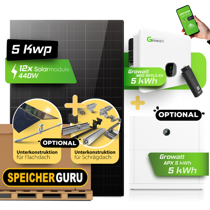 5 kWp PV-Komplettanlage mit Growatt Hybrid & APX Hochvolt-Speicher (Optional) | Bifazial Fullblack Solarmodule