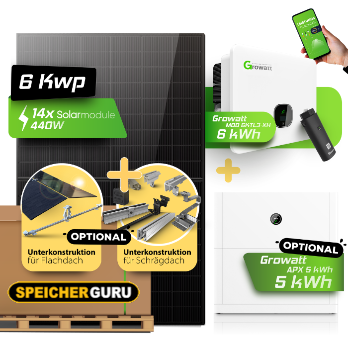 6 kWp PV-Komplettanlage mit Growatt Hybrid 6KW & APX Hochvolt-Speicher | Bifazial Fullblack Solarmodule
