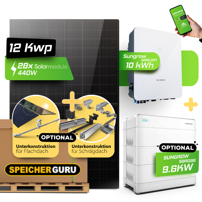 12 kW Solaranlage mit Speicher (Optional) | Doppelglasl & Fullblack | 10kW Sungrow | 9,6 kWh Speicher (Optional)
