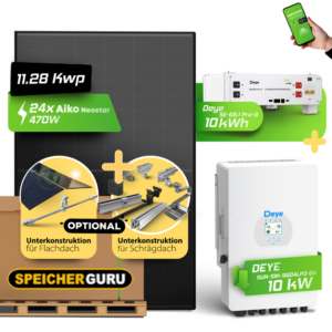 Speicherguru 11,28  kWp Photovoltaik-Komplettset mit Aiko 470W Modulen, 10 kW Deye Wechselrichter & 10 kWh Speicher
