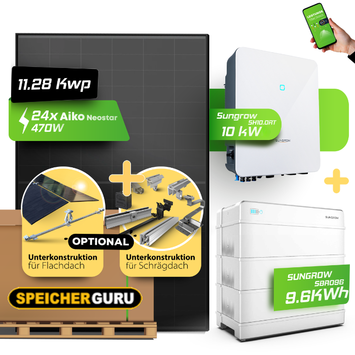 PV-Komplettset 11,28 kWp mit Sungrow SH10.0RT und Aiko Neostar 470W Modulen – Mit 9,6 kWh Sungrow SBR Speicher