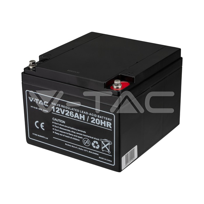V-TAC 12V 26Ah Blei-Säure-Batterie VRLA AGM M5 – 12V 26Ah Frontalansicht